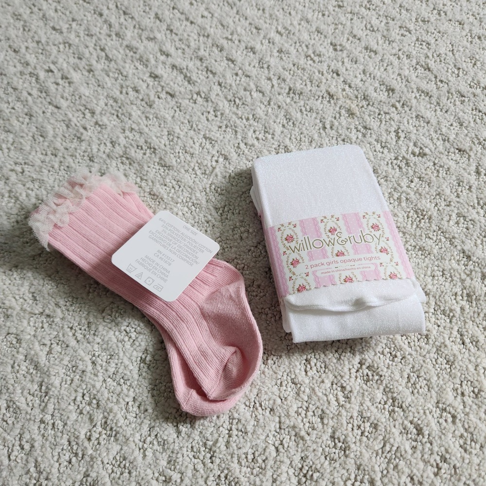 Girls 2 Pack White Opaque Tights 2T-4T and Pink Lace Trim Socks NWT
